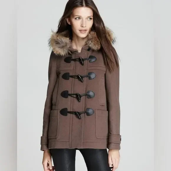 BURBERRY CHECK LINED WOOL TOGGLE DUFFLE COAT WITH FUR TRIMMED HOOD - Picture 14 of 15